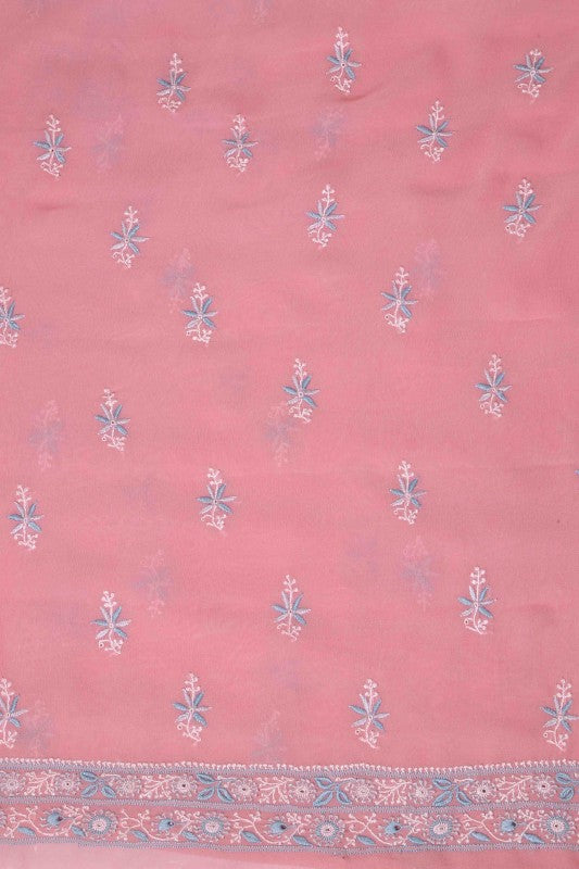Ada Hand Embroidered Rose Pink Pure Georgette Lucknowi Chikan Unstitched Kurta Piece A98840
