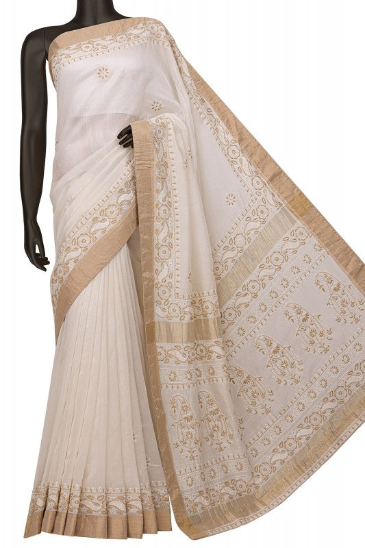 Ada Hand Embroidered Cream Chanderi Lucknowi Chikankari Saree With Blouse  A497442