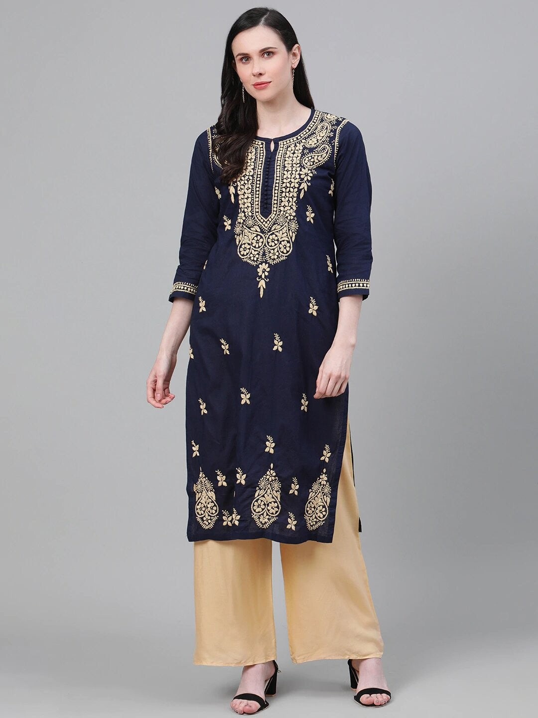 Ada Hand Embroidered Navy Blue Cotton Lucknowi Chikankari Straight Kurta A411150