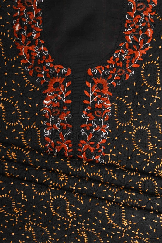 Ada Hand Embroidered Black Cotton Lucknowi Chikan Unstitched Suit Piece A211110