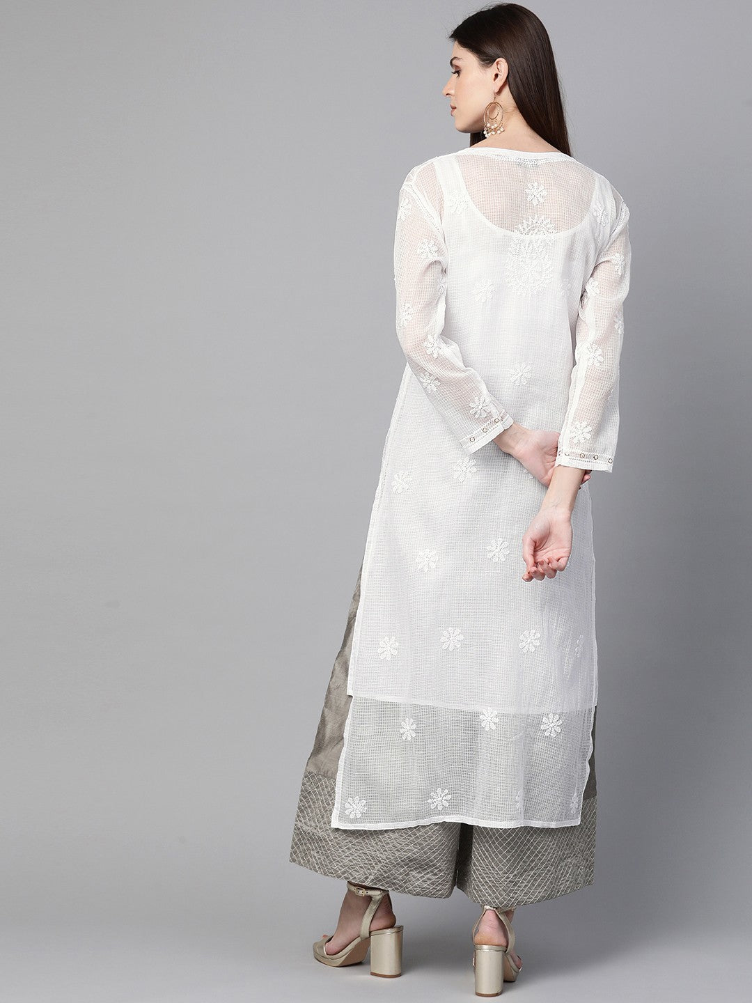 Ada Hand Embroidered White Kota Lucknowi Chikan straight Kurta/Slip With Muqaish Work– A100415