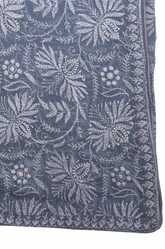 Ada Hand Embroidered Peak Grey Pure Georgette Lucknowi Chikan Dupatta A342824
