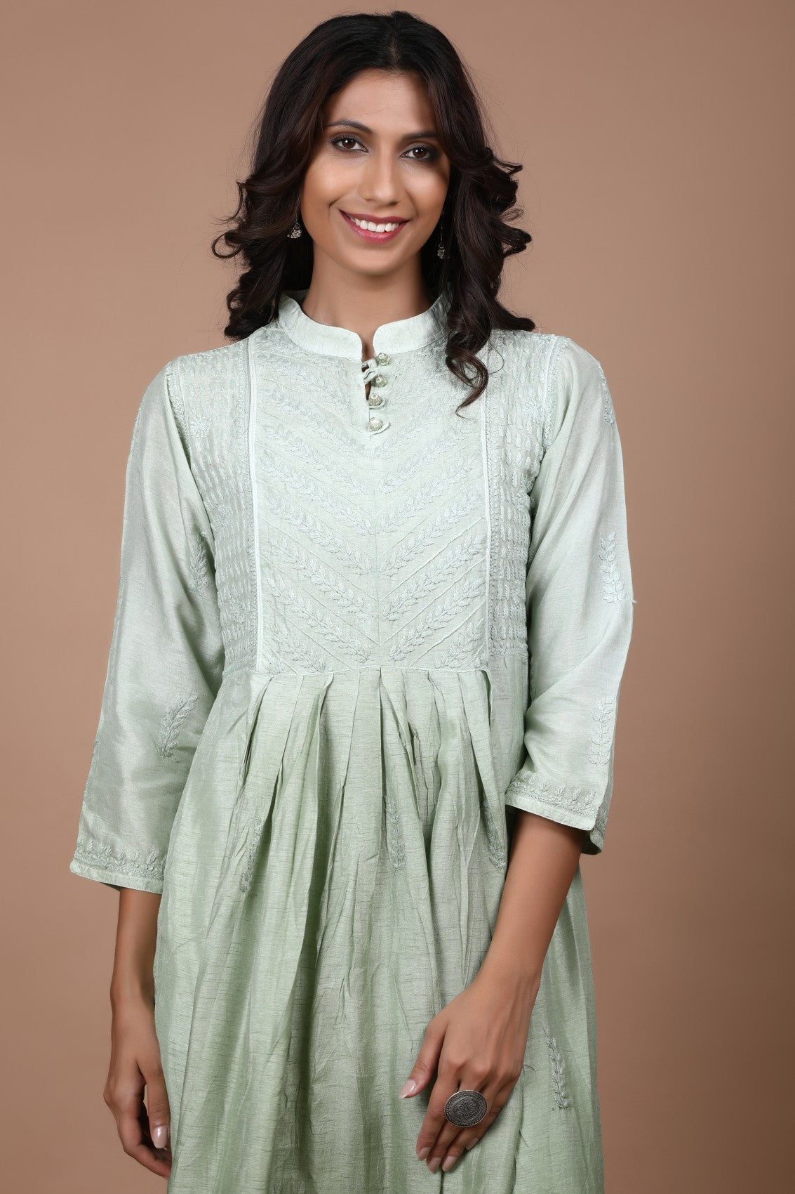 Ada Hand Embroidered Pista Green Chanderi Lucknowi Chikankari A-Line Kurta 01A278811