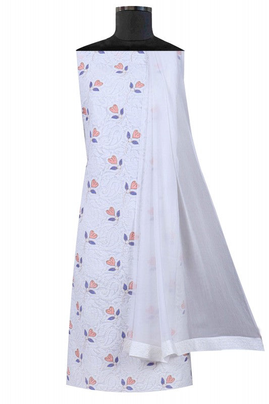 Ada Hand Embroidered White Cotton Lucknowi Chikan Unstitched Suit Piece With Zari Work A291296