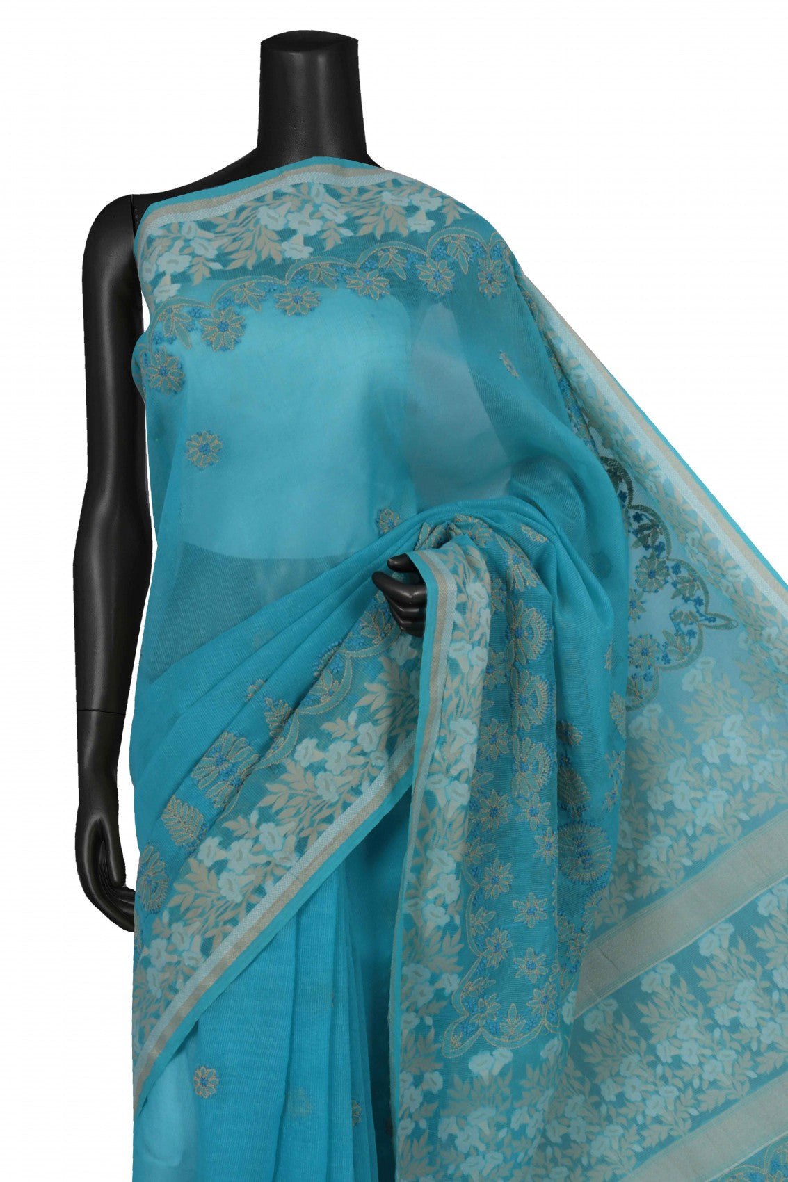 Ada Hand Embroidered Blue Chanderi Lucknowi Chikankari Saree With Blouse A613175