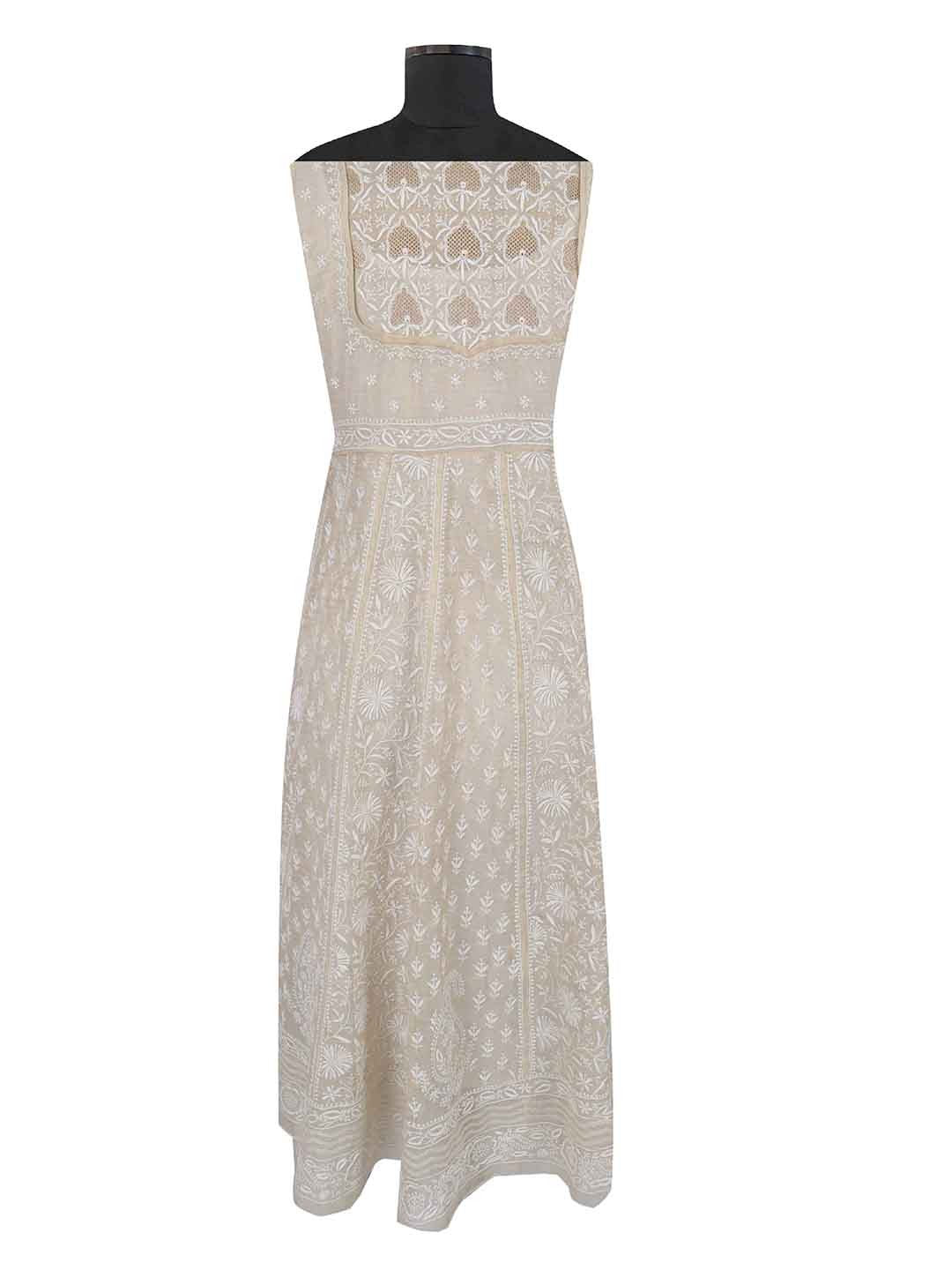Ada Hand Embroidered Natural Fawn Tissue Lucknowi Chikankari Semi-Stitched Anarkali Kurta Dupatta Set With Zari Work 01A205793