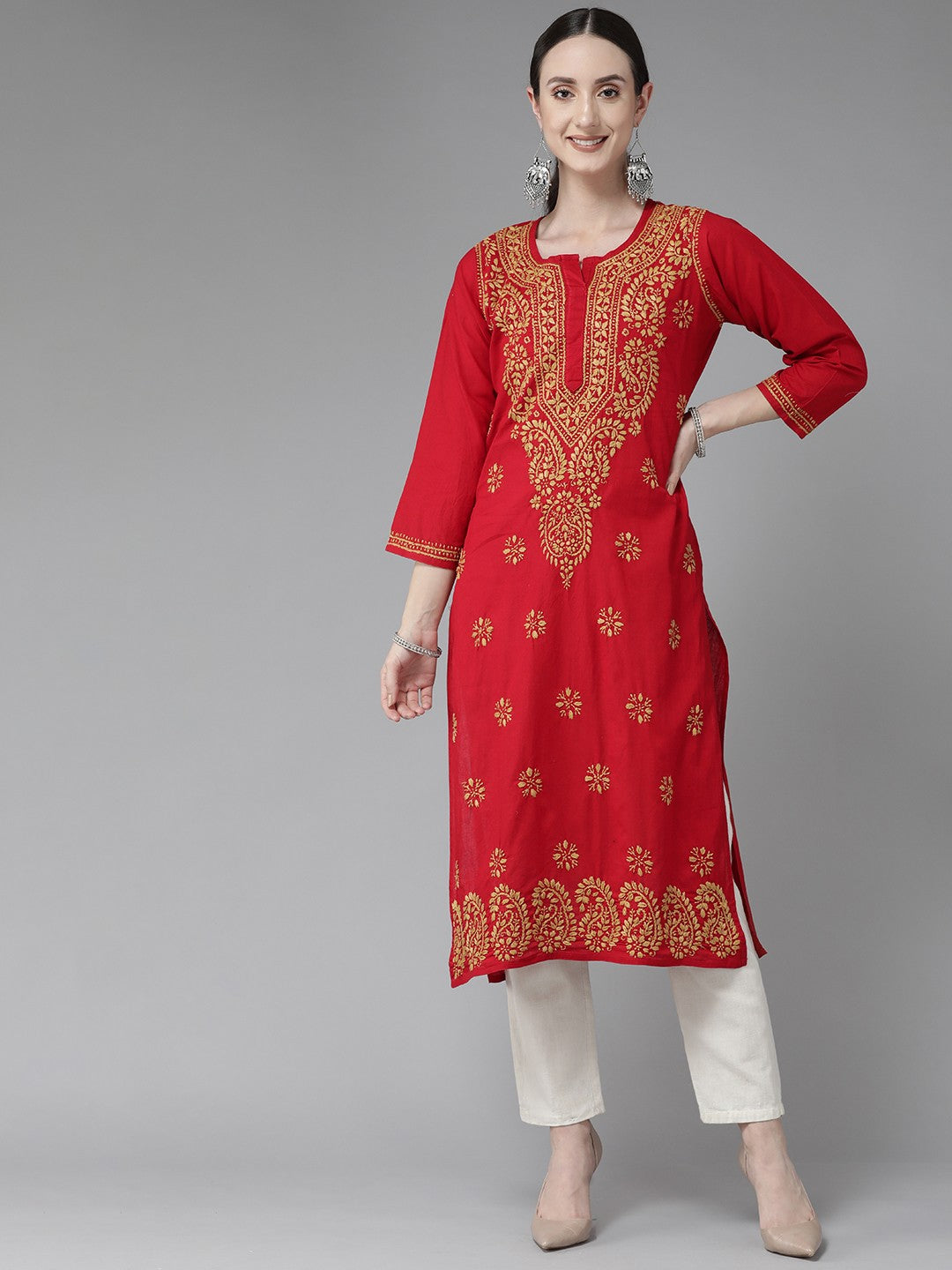 Ada Hand Embroidered Red Cotton Lucknowi Chikankari Straight Kurta A188271