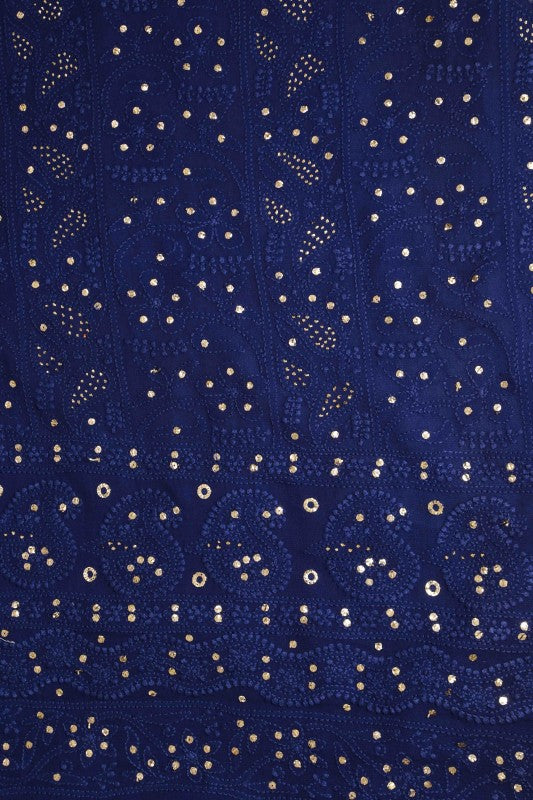 Ada Hand Embroidered Navy Blue Georgette Lucknowi Chikan Unstitched Kurta Dupatta Set With Muqaish Work- A611942