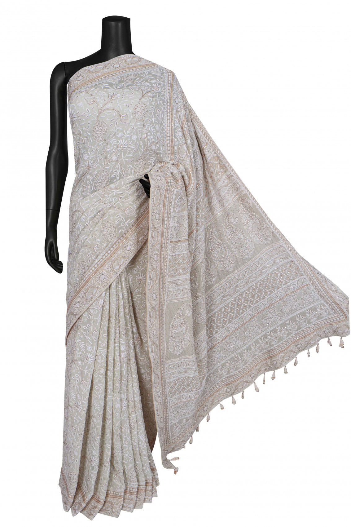 Ada Hand Embroidered Light Pista Green Pure Georgette Lucknowi Chikankari Saree/Blouse With Cutdana Work A619877