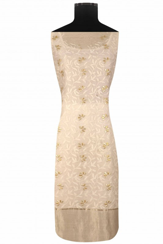 Ada Hand Embroidered Cream Chanderi Lucknowi Chikan Unstitched Suit Piece With Gota Patti Work A575128