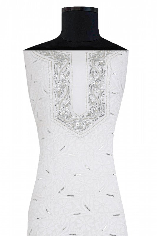 Ada Hand Embroidered White Georgette Chikan Unstitched Kurta Piece with Sequinned Work A536673