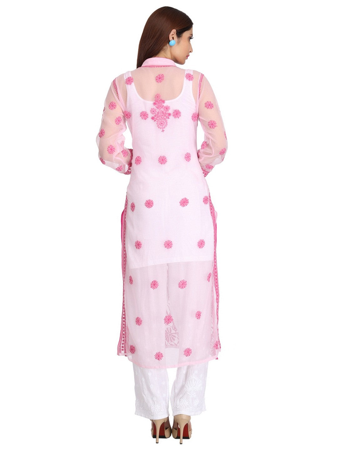 Ada Hand Embroidered Pink Georgette Lucknowi Chikankari Straight  Kurta with Slip– A225196