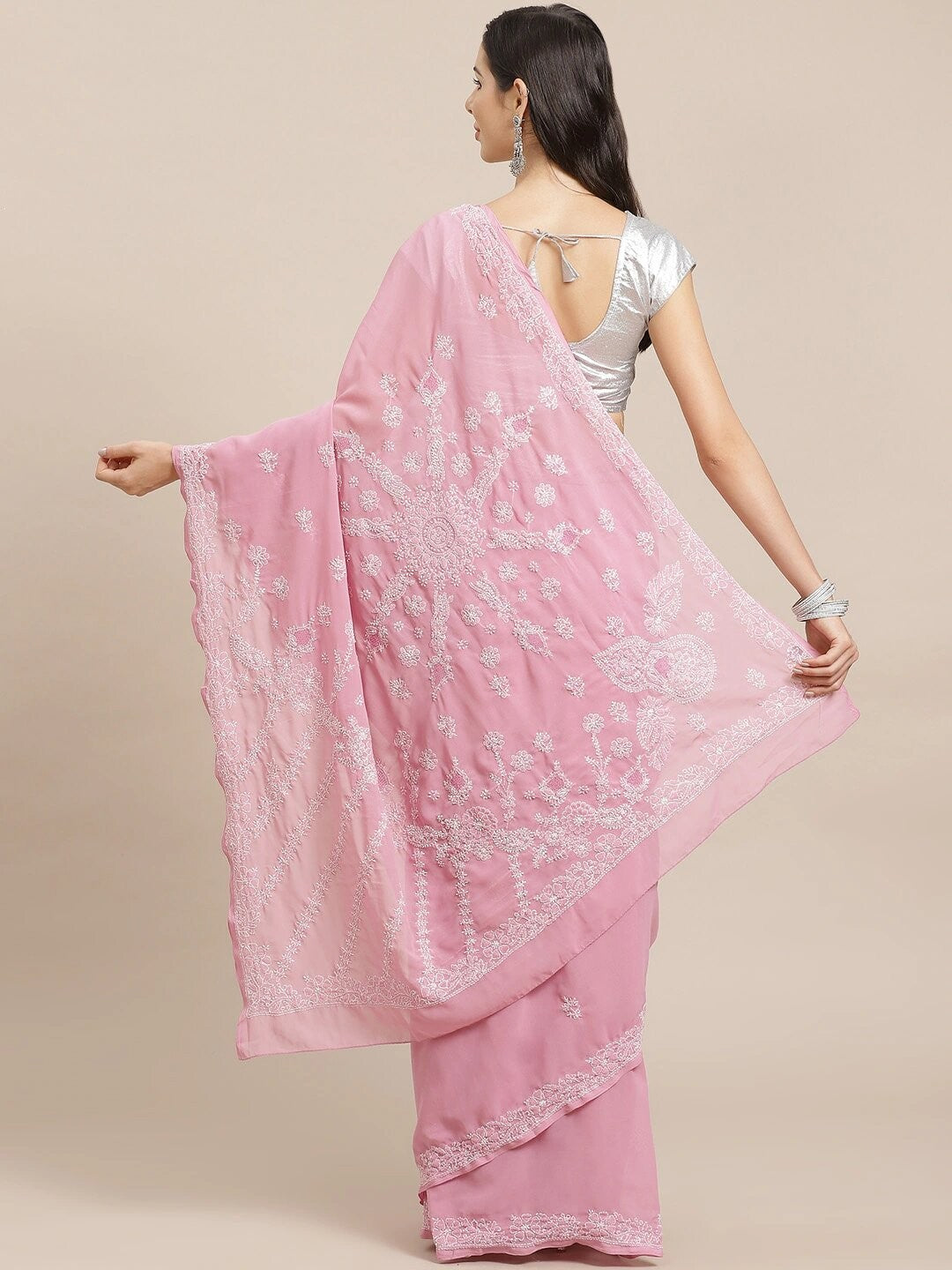 Ada Hand Embroidered Onion Pink Georgette Lucknow Chikan Saree With Blouse A204358