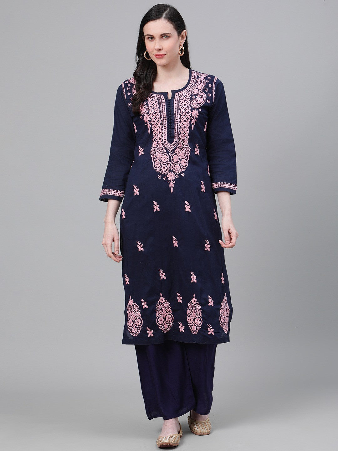 Ada Hand Embroidered Navy Blue Cotton Lucknowi Chikankari Straight Kurta A411144