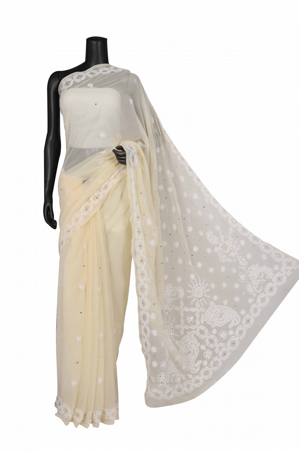 Ada Hand Embroidered Fawn Georgette Lucknowi Chikankari Saree/Blouse With Muqaish Work A516684