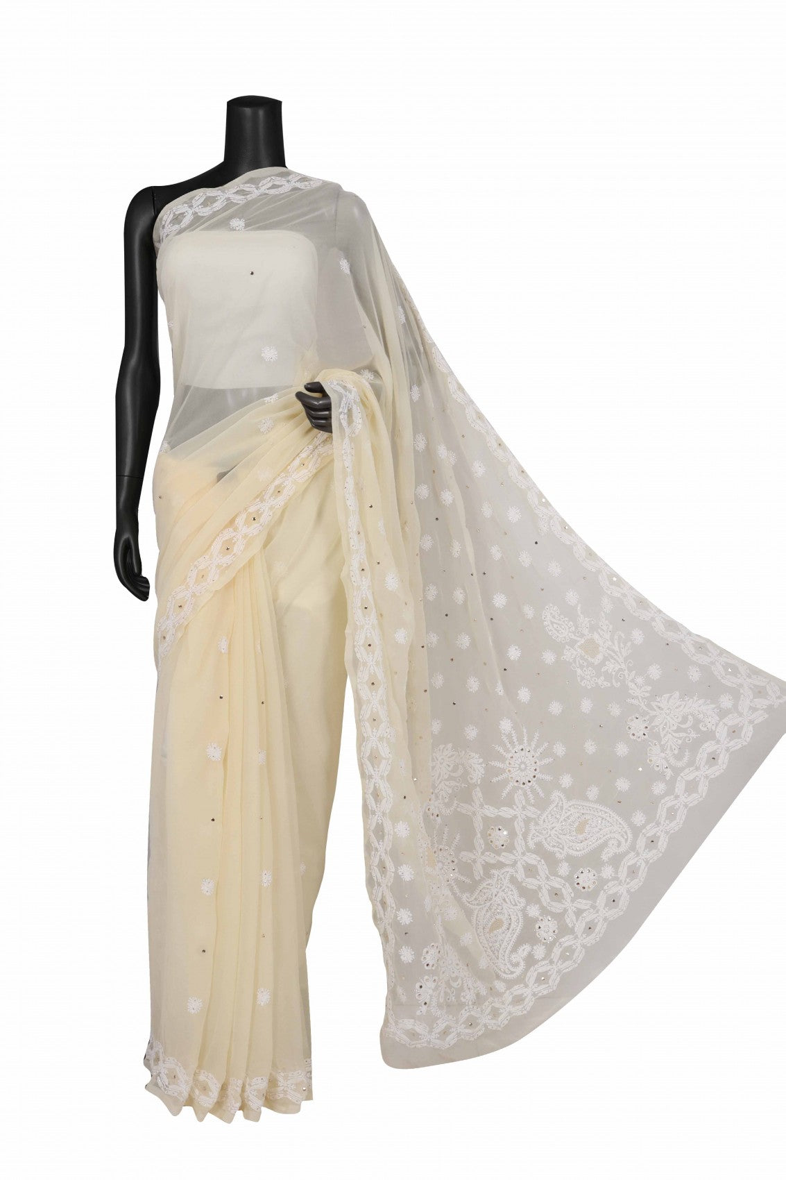 Ada Hand Embroidered Fawn Georgette Lucknowi Chikankari Saree/Blouse With Muqaish Work A516684