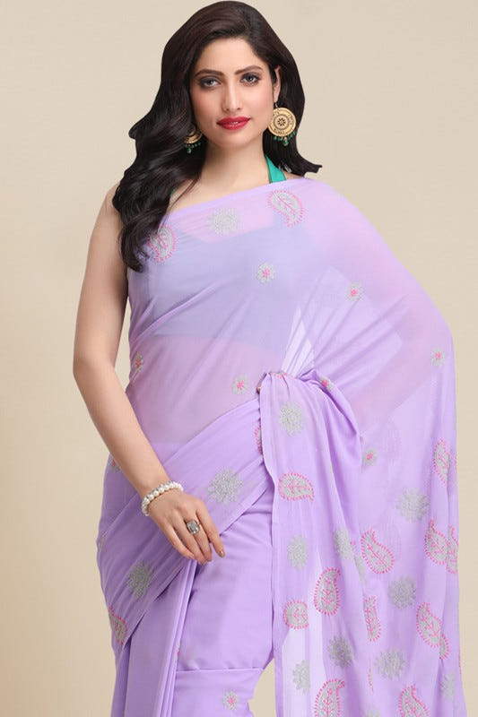 Ada Hand Embroidered Mauve Georgette Lucknowi Chikankari Saree with Blouse A159302