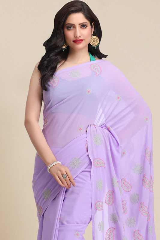 Ada Hand Embroidered Mauve Georgette Lucknowi Chikankari Saree with Blouse A159302
