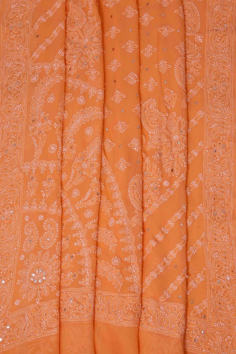Ada Hand Embroidered Peach Pure Georgette Lucknowi Chikankari Saree/Blouse With Muqaish Work 01A100838