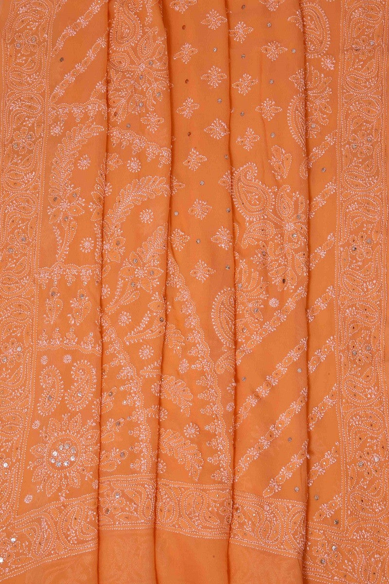 Ada Hand Embroidered Peach Pure Georgette Lucknowi Chikankari Saree/Blouse With Muqaish Work 01A100838