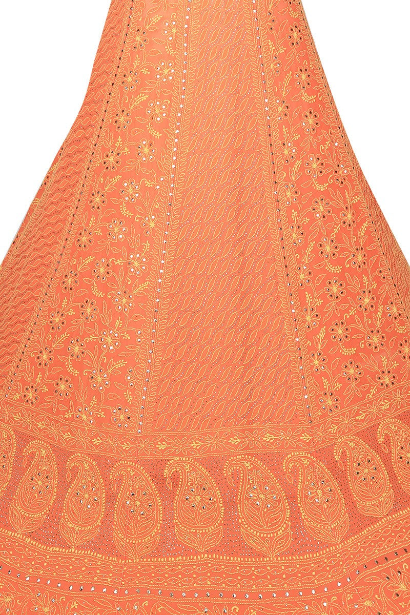 Ada Hand Embroidered Monarch Orange Pure Georgette Lucknowi Chikankari Lehenga Set With Muqaish Work– A600540