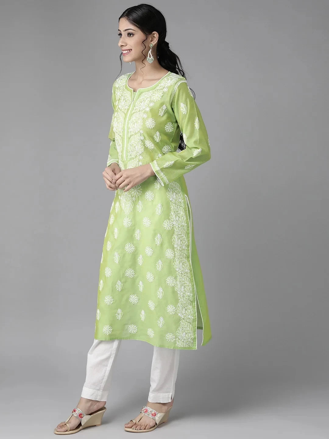 Ada Hand Embroidered Green Chanderi Lucknowi Chikankari Straight Kurta  A411174