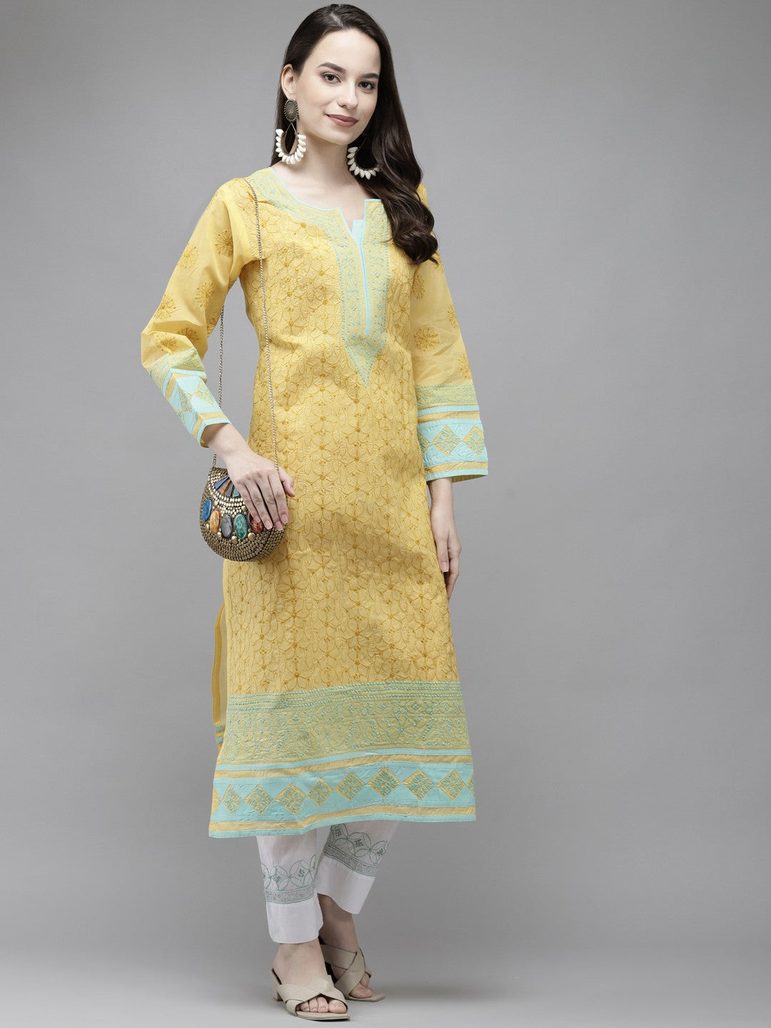 Ada Hand Embroidered Yellow Cotton Lucknow Chikan Kurta- A273547