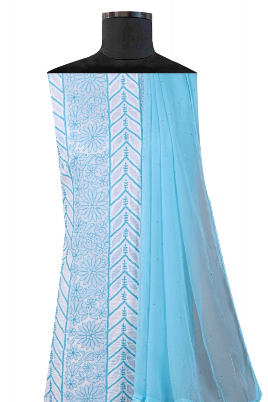 Ada Hand Embroidered White Cotton Lucknowi Chikankari Unstitched Suit Piece 01A27292