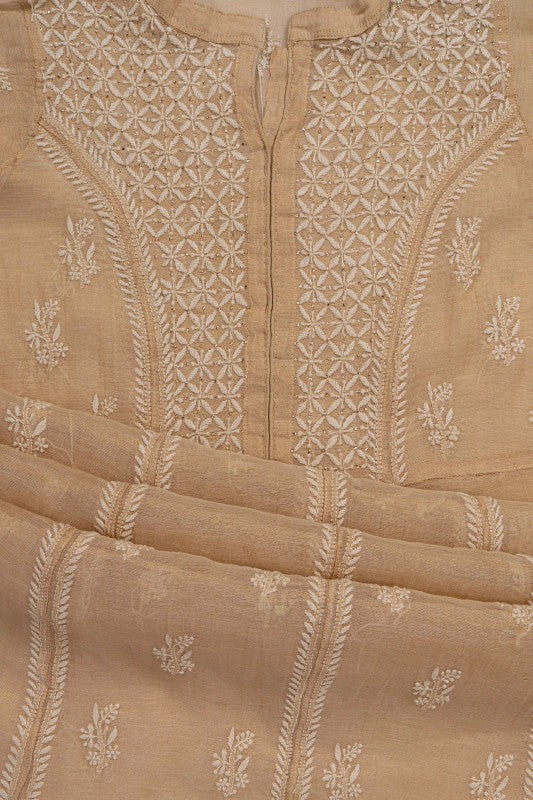 Ada Hand Embroidered Natural Fawn Tissue Lucknowi Chikan Unstitched Kurta Piece With Muqaish Work A597258