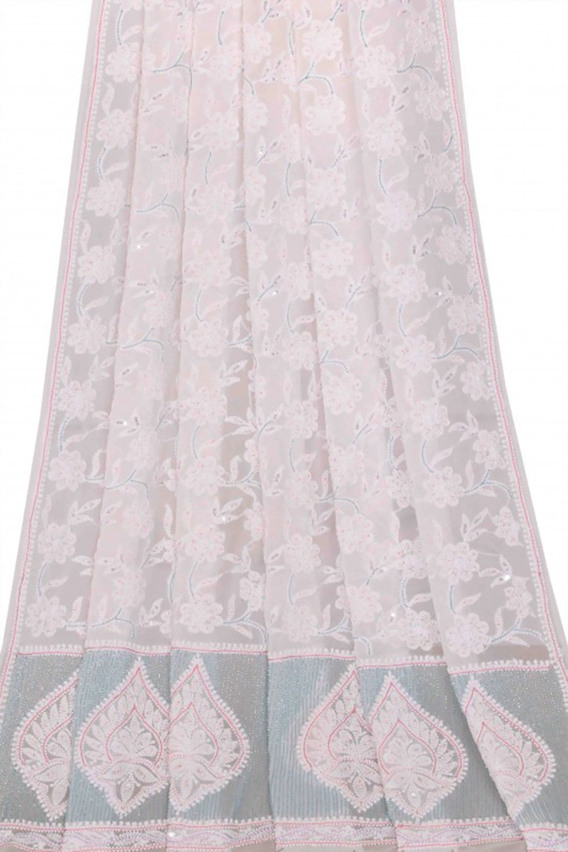 Ada Hand Embroidered White Georgette Lucknowi Chikankari Dupatta With Sequinned Work 01A6380