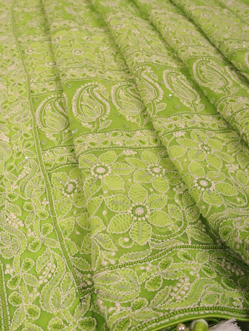 Ada Hand Embroidered Green Georgette Lucknowi Chikankari Saree/Blouse with Sequinned Work A600501