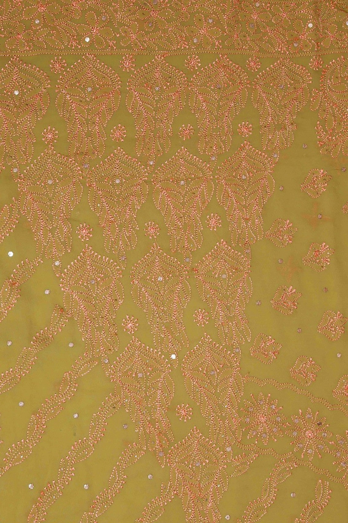 Ada Hand Embroidered Olive Green Pure Georgette Lucknowi Chikankari Saree/Blouse With Muqaish Work 01A59040