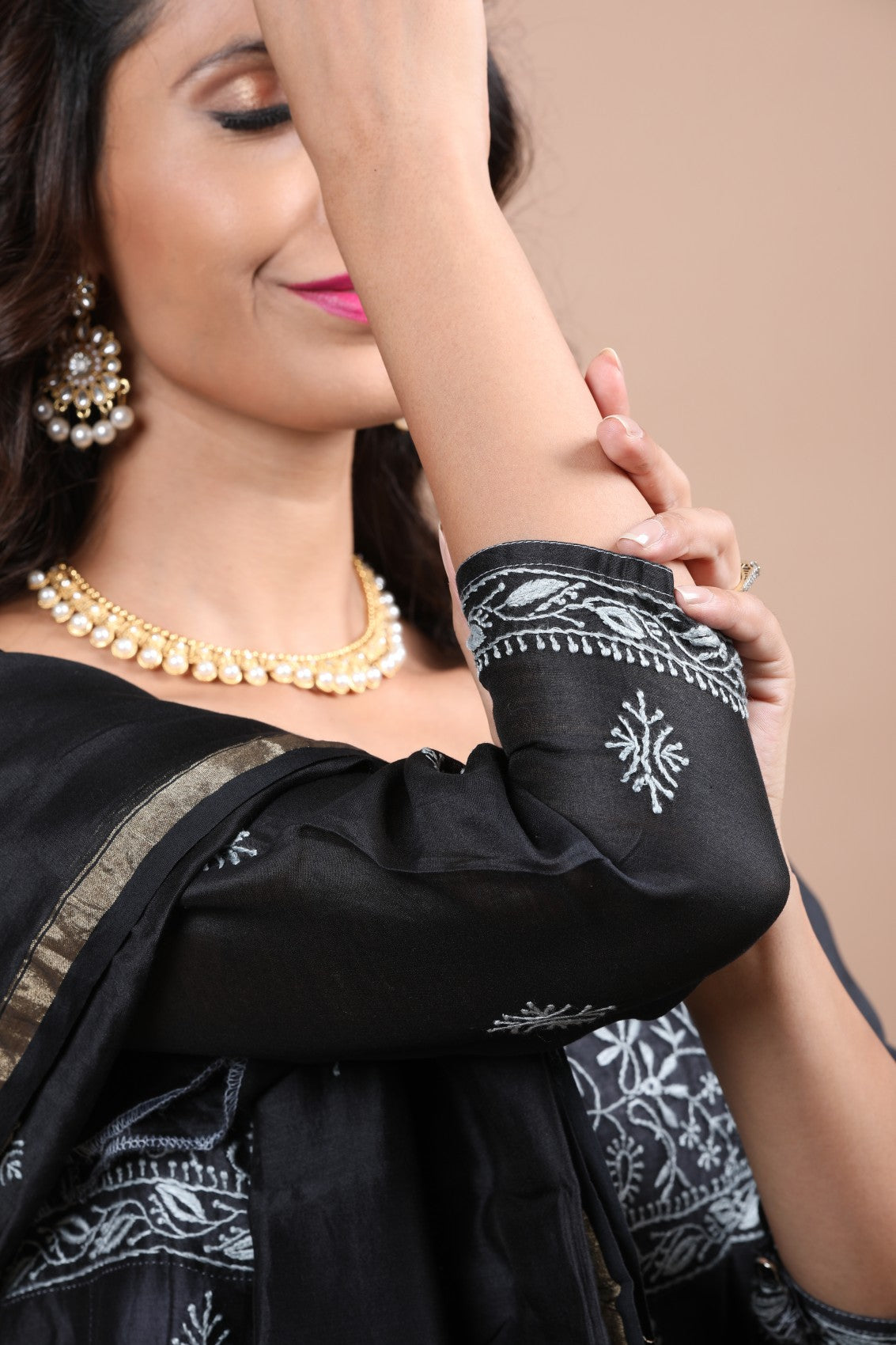 Ada Hand Embroidered Black Chanderi Lucknowi Chikankari Semi-Stitched Anarkali Kurta Dupatta Set 01A213946