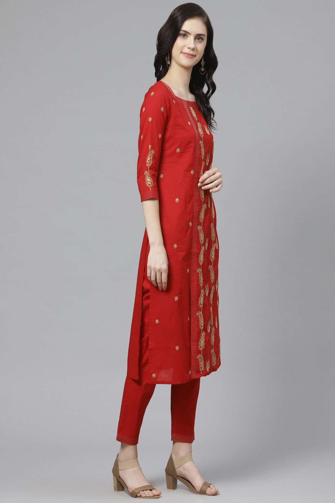 Ada Hand Embroidered Red Cotton Lucknowi Chikankari Kurta/Trouser Set with Muqaish Work A100327