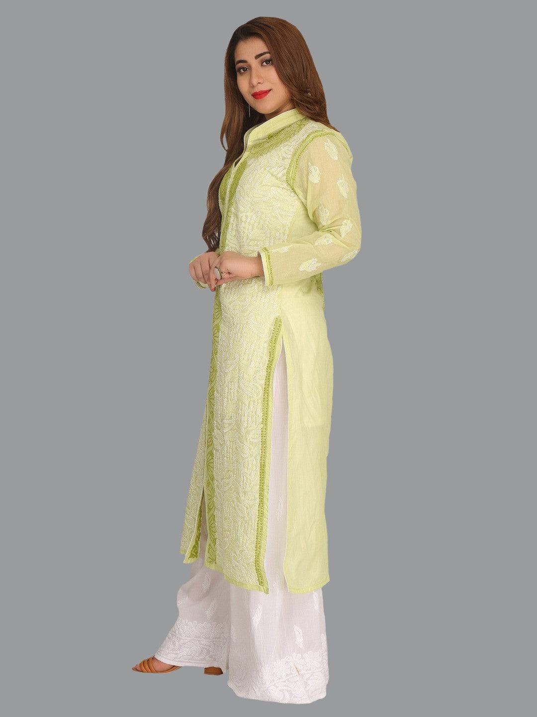 Ada Hand Embroidered Green Cotton Lucknowi Chikankari Straight Kurta A242122