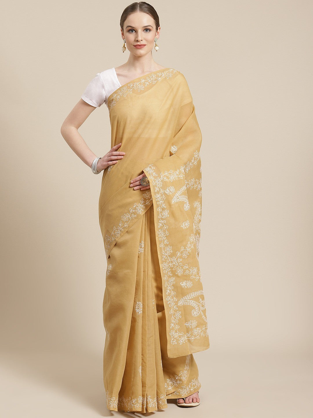 Ada Hand Embroidered Fawn Cotton Lucknow Chikan Saree With Blouse- A311224