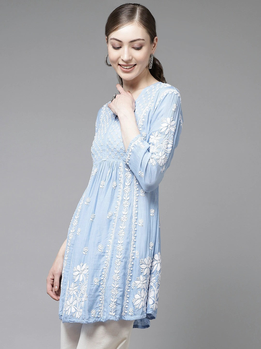 Ada Hand Embroidered Blue Muslin Lucknow Chikan Kurti-A911129