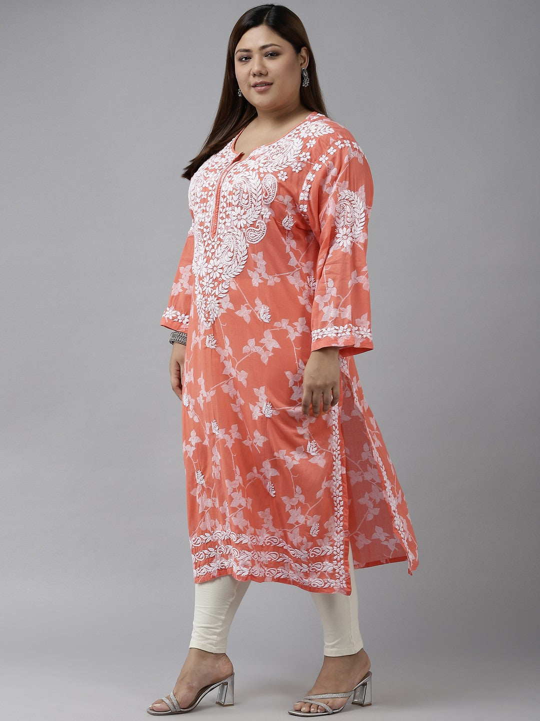 Ada Hand Embroidered Orange Cotton Lucknowi Chikankari Straight Kurta A411265