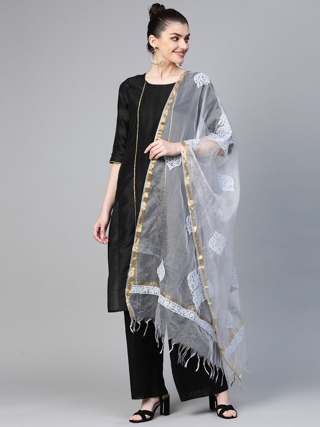 Ada Hand Embroidered Grey Organza Lucknowi Chikankari Dupatta-A511135