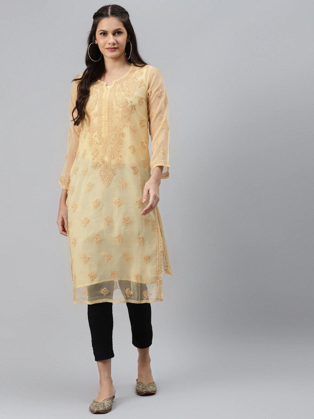 Ada Hand Embroidered Fawn Georgette Lucknowi Chikankari Straight Kurta Set With Slip A811193