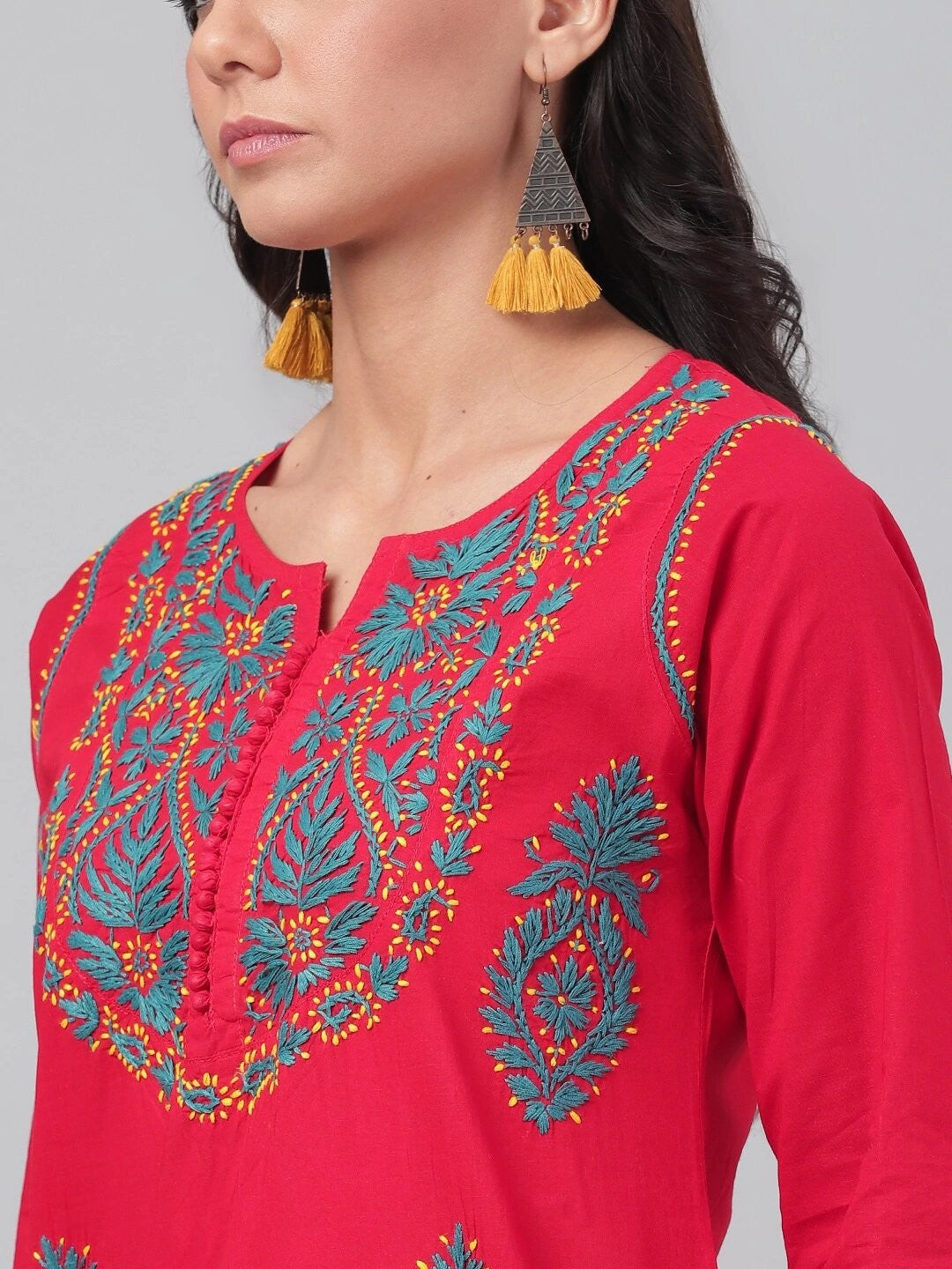 Ada Hand Embroidered Red Cotton Lucknowi Chikankari Straight Kurta A223392