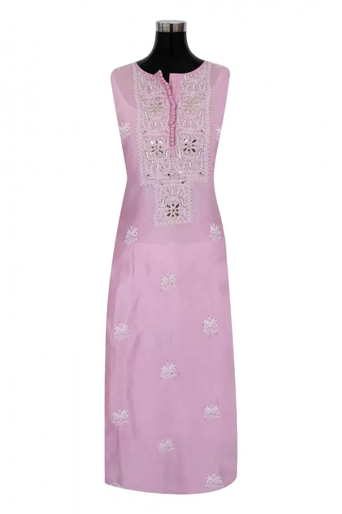 Ada Hand Embroidered Pink Chanderi Lucknowi Chikankari Unstitched Kurta Dupatta Set With Muqaish Work 01A216286