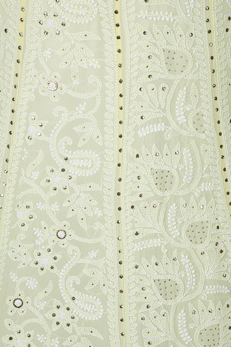 Ada Hand Embroidered Lemon Pure Georgette Lucknowi Chikankari Unstitched Lehenga Skirt (Only Skirt)With Muqaish Work- A468475