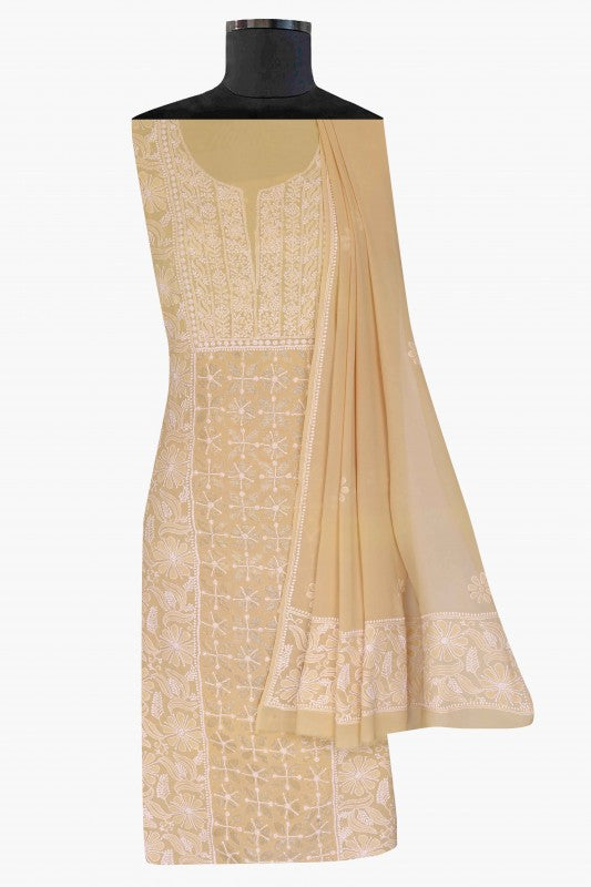 Ada Hand Embroidered Fawn Pure Georgette Lucknowi Chikan Unstitched Kurta Dupatta Set A306716