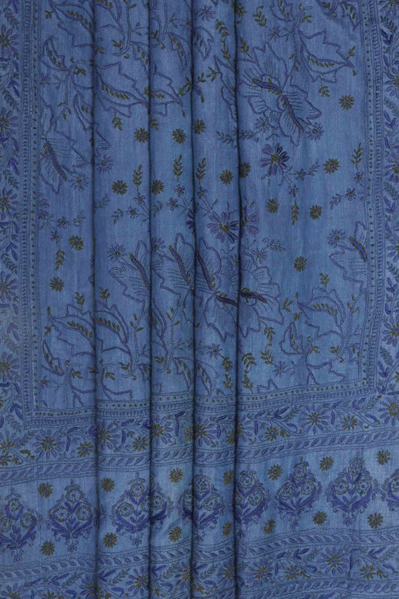 Ada Hand Embroidered Yale Blue Cotton Lucknow Chikan Saree With Blouse-A128656