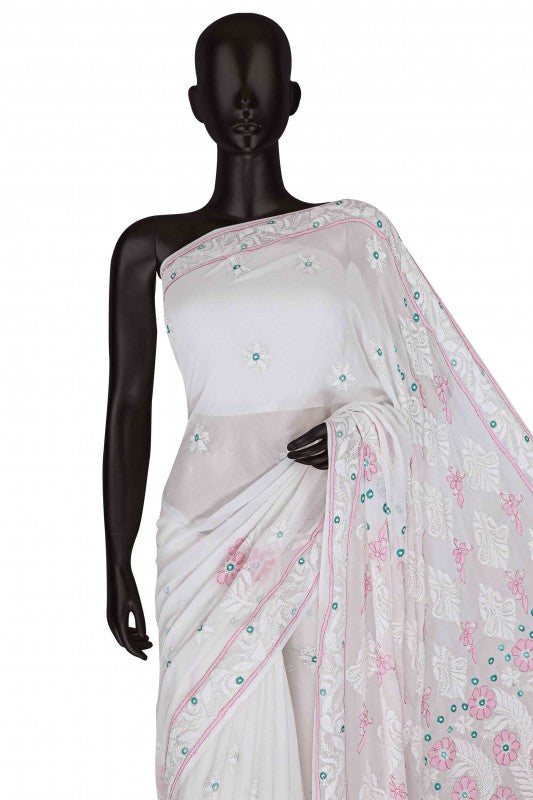 Ada Hand Embroidered White Georgette Lucknowi Chikankari Saree with Blouse A610319
