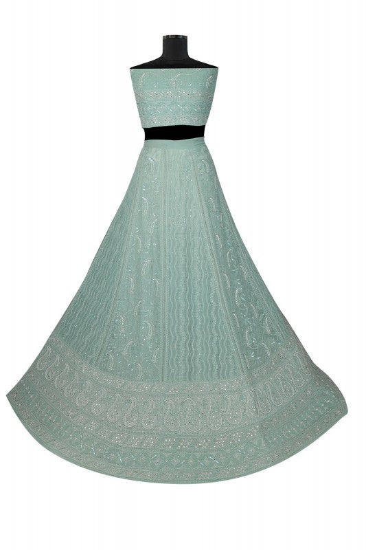 Ada Hand Embroidered Higgins Lake Grey Pure Georgette Lucknowi Chikankari Lehenga Set with Pearl & Sequinned Work A405333