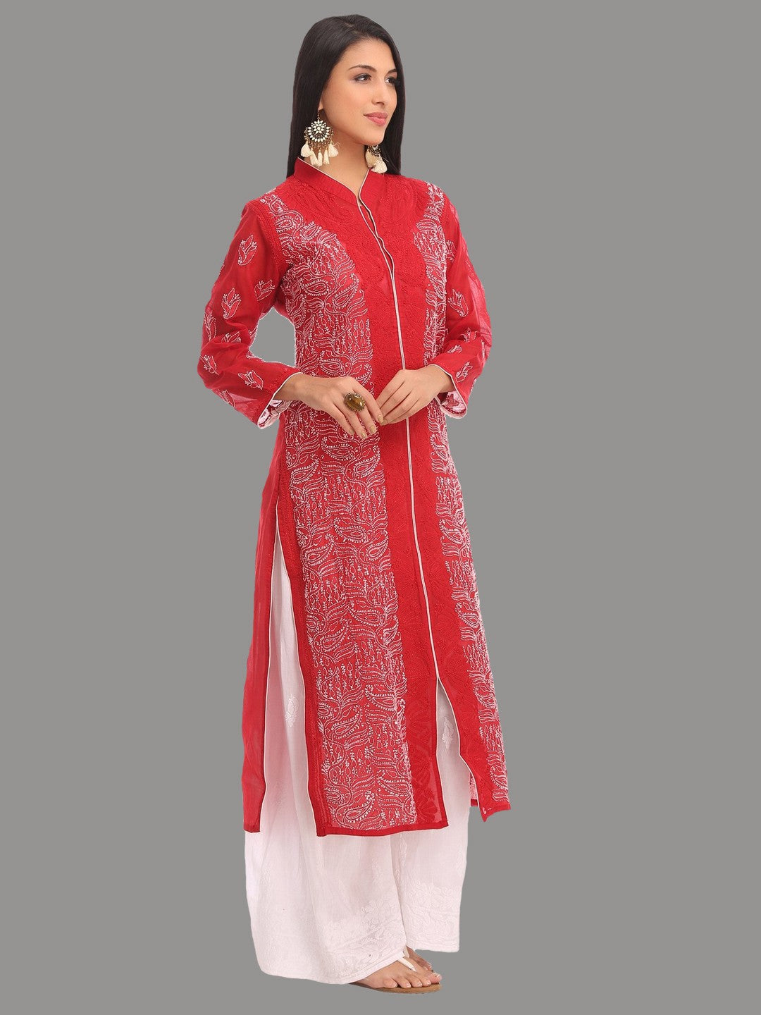 Ada Hand Embroidered Maroon Cotton Lucknowi Chikani Straight  Kurta A230238