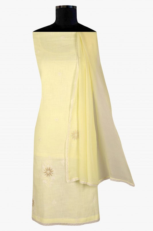 Ada Hand Embroidered Lemon Cotton Lucknowi Chikankari Unstitched Kurta Dupatta Set with Gota Patti Work A251258