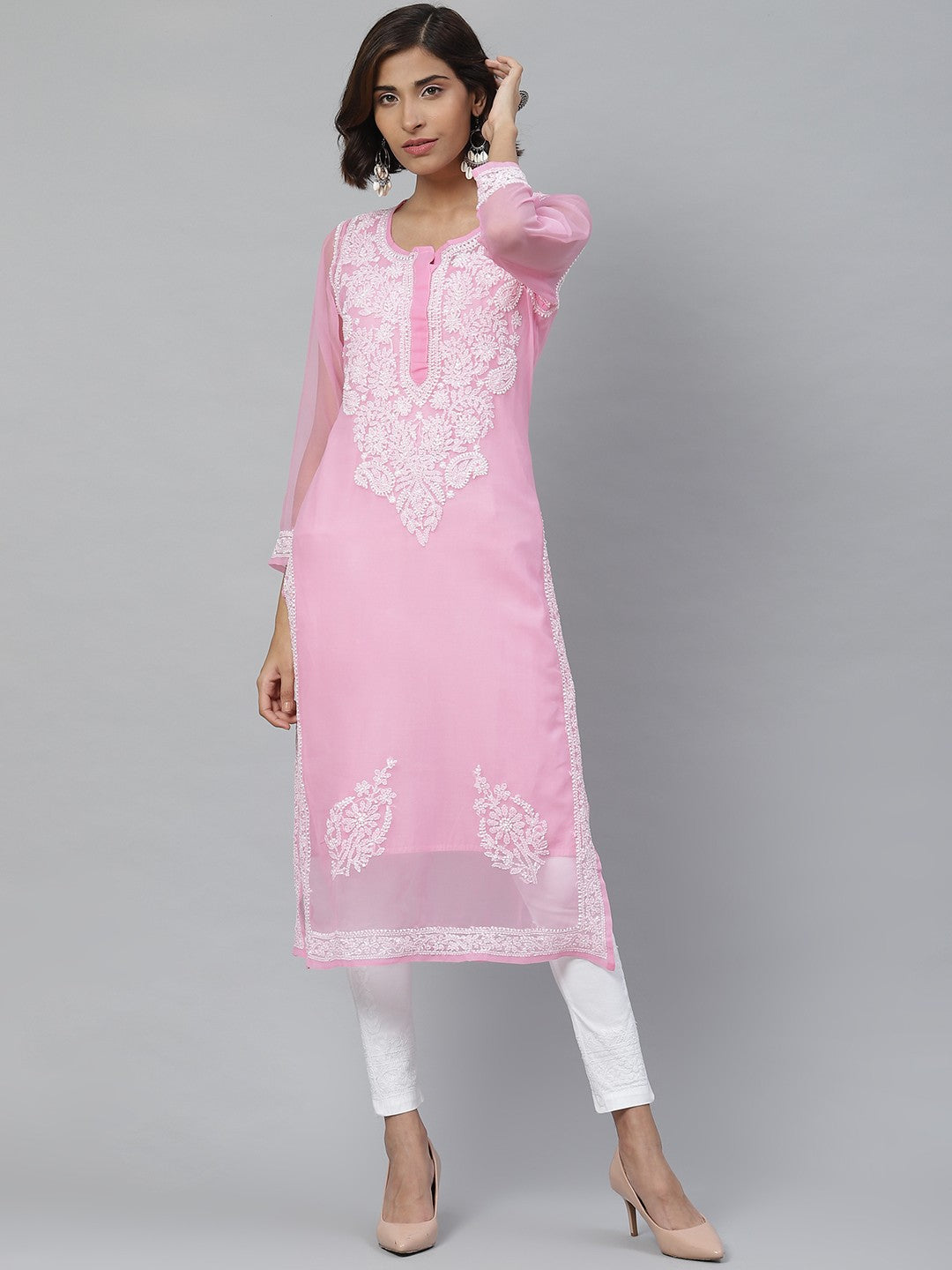 Ada Hand Embroidered Pink And White Georgette Lucknowi Chikankari Kurta Set With Slip A811114